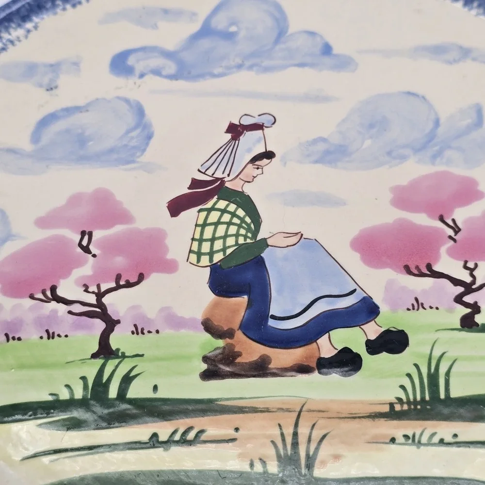 Vintage Fait Main‎ French Hand Painted Ceramic Serving Platter Folk Art Scene